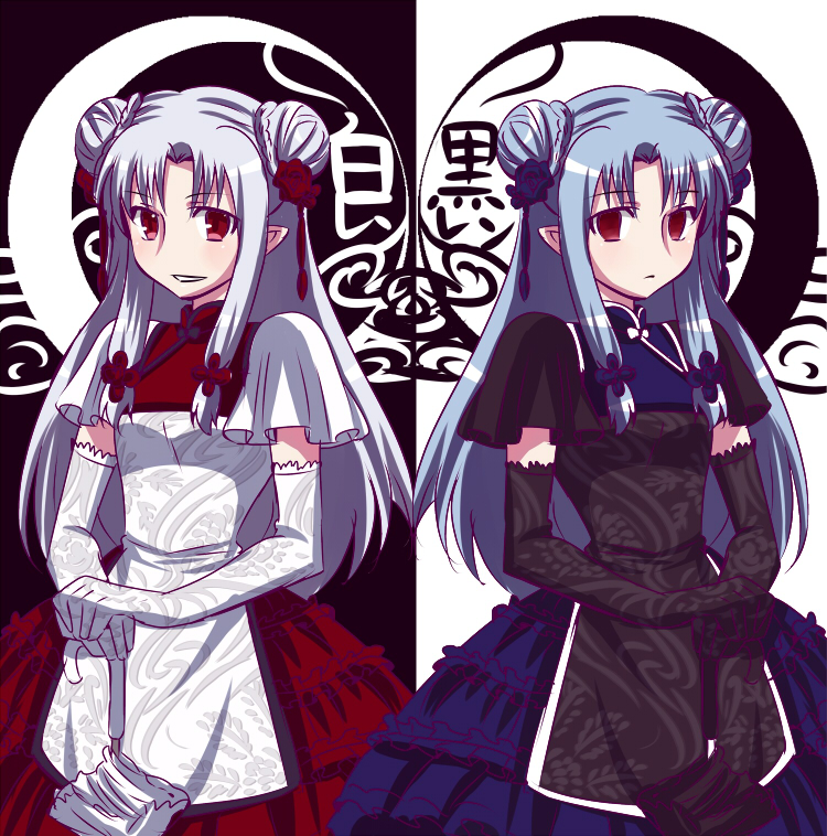 2girls alternate_costume alternate_hairstyle black_gloves blue_hair closed_umbrella double_bun dress elbow_gloves expressionless gloves grin hair_ornament len long_hair melty_blood multiple_girls payot pointy_ears puffy_sleeves red_eyes silver_hair small_breasts smile tsukihime umbrella urako white_gloves white_len
