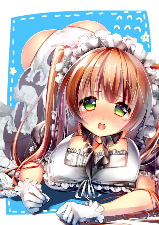 1girl all_fours apron ass blush breasts cat dress frilled_gloves frilled_skirt frills gloves green_eyes itofuya large_breasts long_hair looking_at_viewer maid maid_apron maid_headdress neck_ribbon open_mouth orange_hair original panties pantyshot ribbon skirt solo tearing_up tears twintails underwear white_gloves white_legwear white_panties