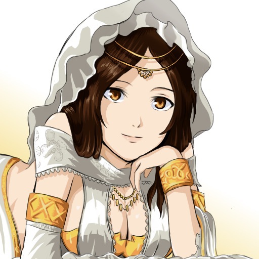 1girl bracelet breasts brown_hair chin_rest circlet cleavage dark_souls detached_sleeves headdress jewelry large_breasts long_hair lying mero_(hope7518) necklace on_stomach queen_of_sunlight_gwynevere smile solo souls_(from_software)