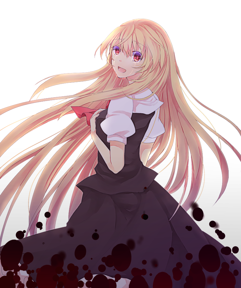 1girl ascot blonde_hair darkness hands_on_own_chest long_hair looking_back older open_mouth red_eyes rumia short_sleeves skirt tears touhou uyuu_(hirameki) very_long_hair white_background