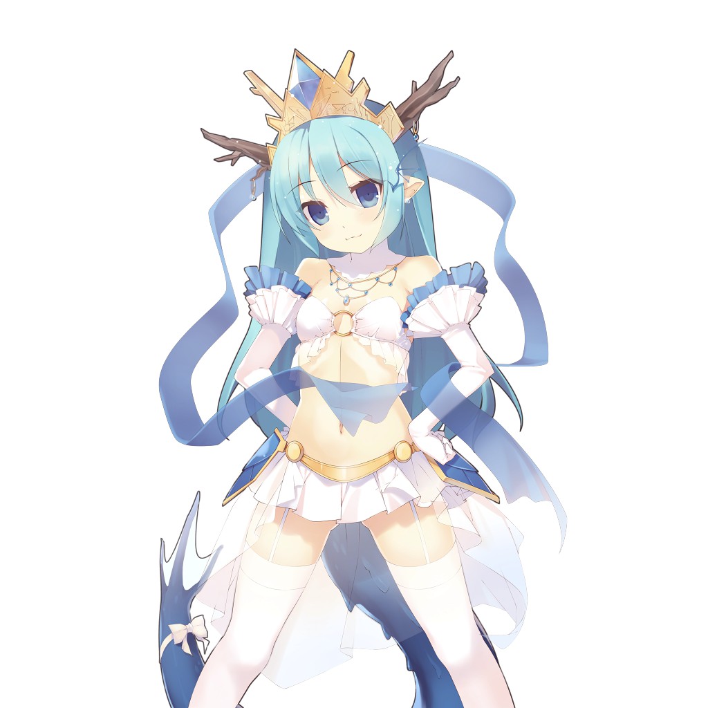 1girl :3 bare_shoulders blue_eyes blue_hair detached_collar dragon dragon_horns dragon_tail eastern_dragon elbow_gloves garter_straps gloves long_hair microskirt midriff navel nekomu o-ring_top pleated_skirt pointy_ears simple_background skirt small_breasts solo tail tail_bow thigh-highs white_background white_gloves white_legwear