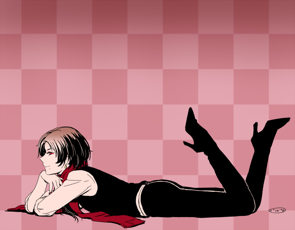 1boy brown_hair checkered checkered_background earrings high_heels jewelry kashuu_kiyomitsu limited_palette long_hair lying male_focus mizuhara_aki mole mole_under_mouth nail_polish negative_space on_stomach ponytail profile red_eyes red_nails red_scarf scarf short_hair solo touken_ranbu