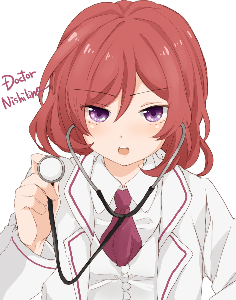 1girl doctor highres necktie nishikino_maki open_mouth purin0 redhead solo stethoscope