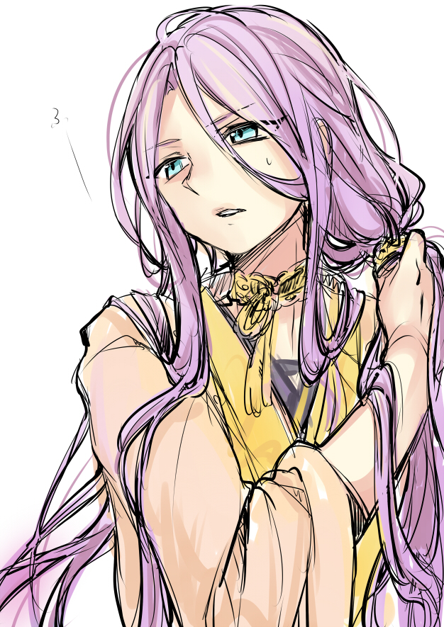 1boy blue_eyes bust hachisuka_kotetsu japanese_clothes long_hair male_focus parted_lips purple_hair simple_background sketch solo sweat tobi_(one) touken_ranbu very_long_hair white_background