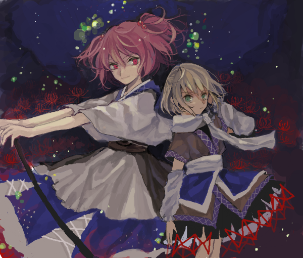 2girls adjusting_hair arm_warmers blonde_hair dark drawr flower green_eyes hair_bobbles hair_ornament looking_at_another looking_at_viewer mizuhashi_parsee multiple_girls nomiko_524 onozuka_komachi outdoors red_eyes redhead scarf short_hair spider_lily touhou twintails