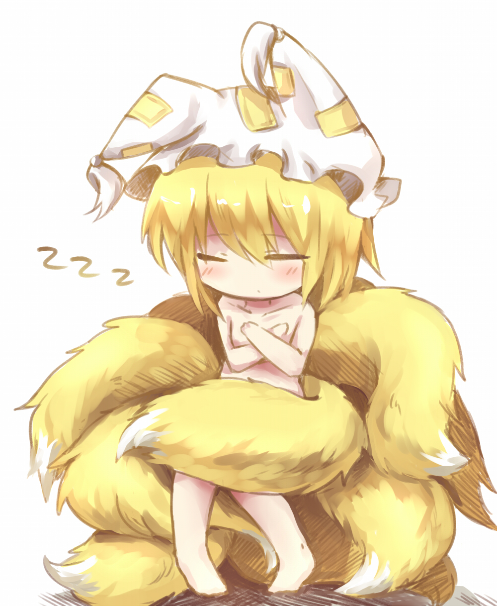 1girl animal_ears blonde_hair blush chibi closed_eyes convenient_censoring covering covering_breasts fox_ears fox_tail hat highres kokuneko_(graycat06) mob_cap multiple_tails nude short_hair simple_background sleeping solo tail tail_censor touhou white_background yakumo_ran zzz
