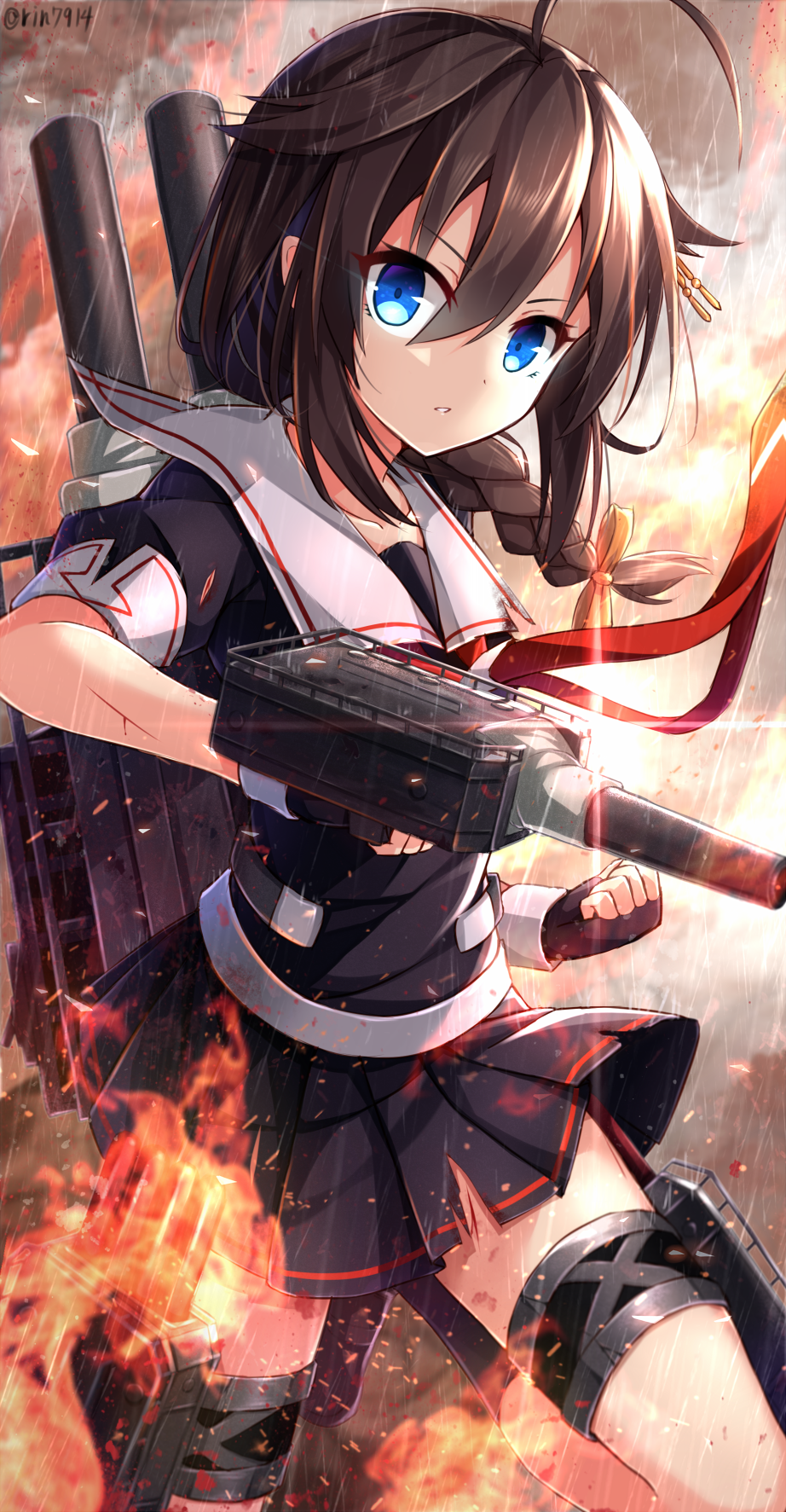 1girl black_hair blood blue_eyes braid clenched_hands fingerless_gloves fire gloves highres kantai_collection looking_at_viewer nikkunemu personification pleated_skirt ribbon school_uniform serafuku shigure_(kantai_collection) skirt solo thigh_strap torn_clothes torn_skirt