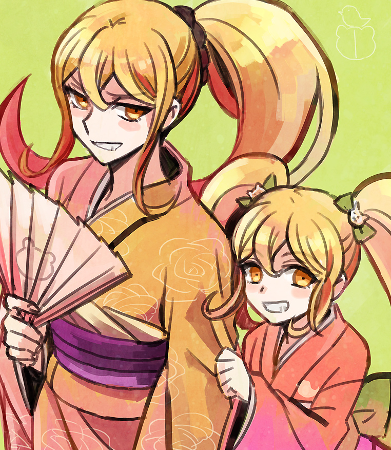 2girls blonde_hair blush_stickers bow cat_hair_ornament dangan_ronpa dual_persona fan female folding_fan grin hair_bow hair_ornament japanese_clothes kimono long_hair multiple_girls obi okuragon older saionji_hiyoko sash side_ponytail smile super_dangan_ronpa_2 time_paradox twintails yellow_eyes