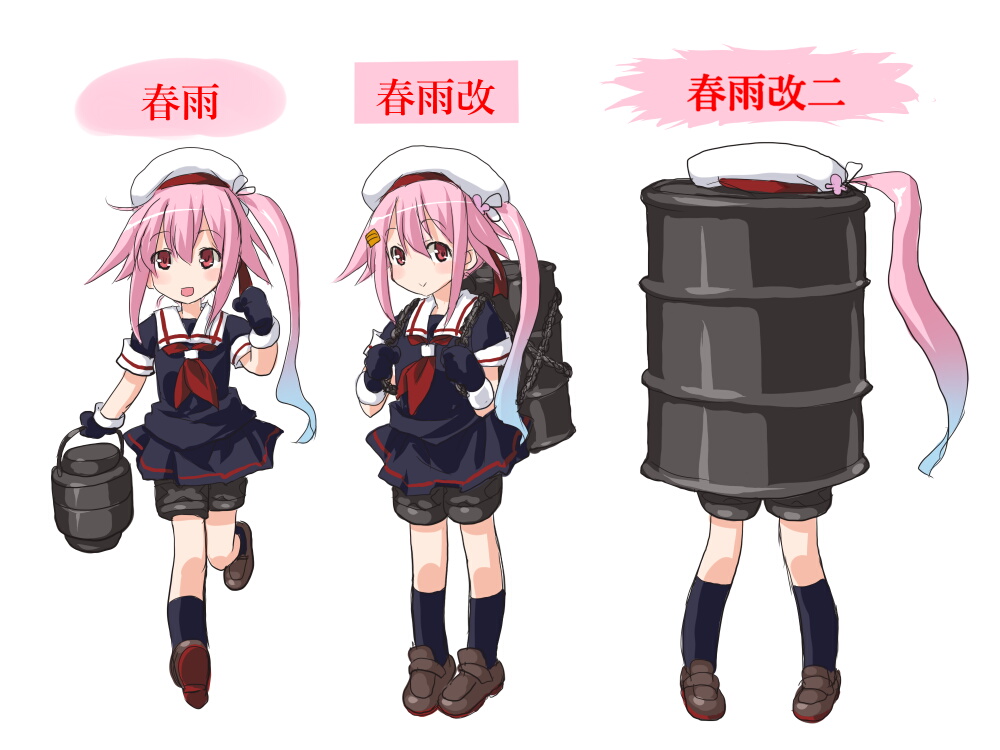 1girl blue_hair chain dd_(ijigendd) evolution gradient_hair hair_ornament hairclip harusame_(kantai_collection) hat kantai_collection multicolored_hair pink_eyes pink_hair school_uniform serafuku side_ponytail simple_background skirt solo white_background