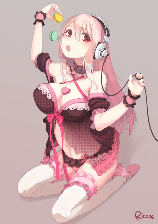 1girl bare_shoulders breasts cleavage headphones large_breasts lingerie long_hair looking_at_viewer macaron navel negligee nitroplus open_mouth panties pink_hair red_eyes riccae see-through solo super_sonico thigh-highs underwear