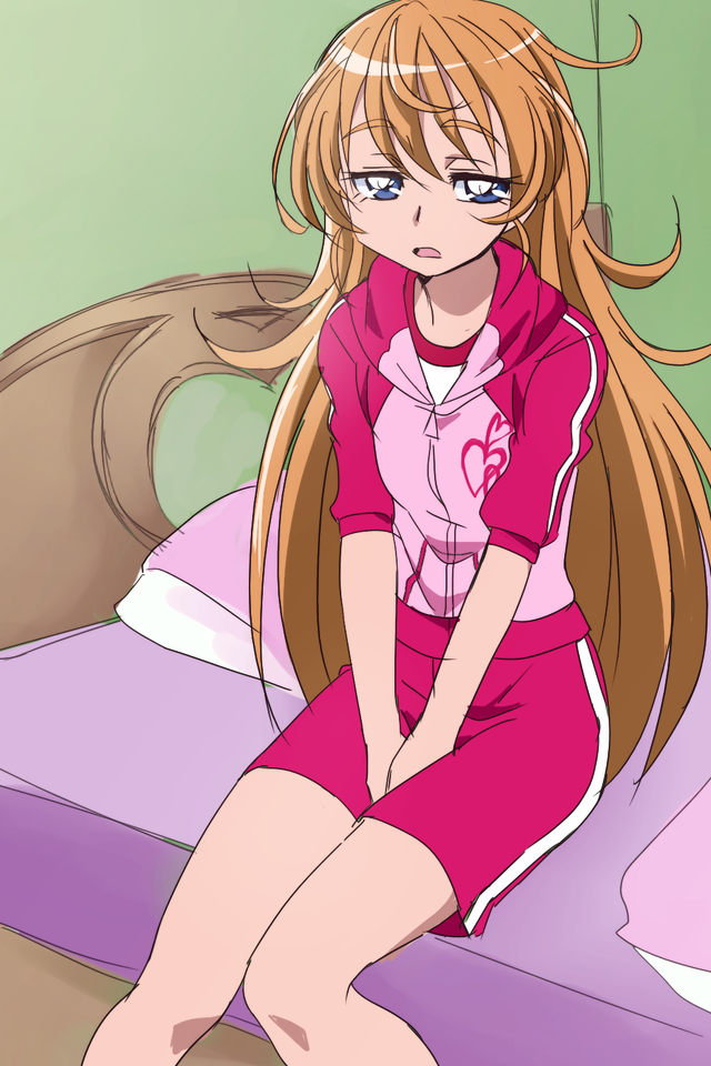 1girl bed blue_eyes brown_hair houjou_hibiki long_hair manji_(tenketsu) pillow precure shorts sitting solo suite_precure track_jacket