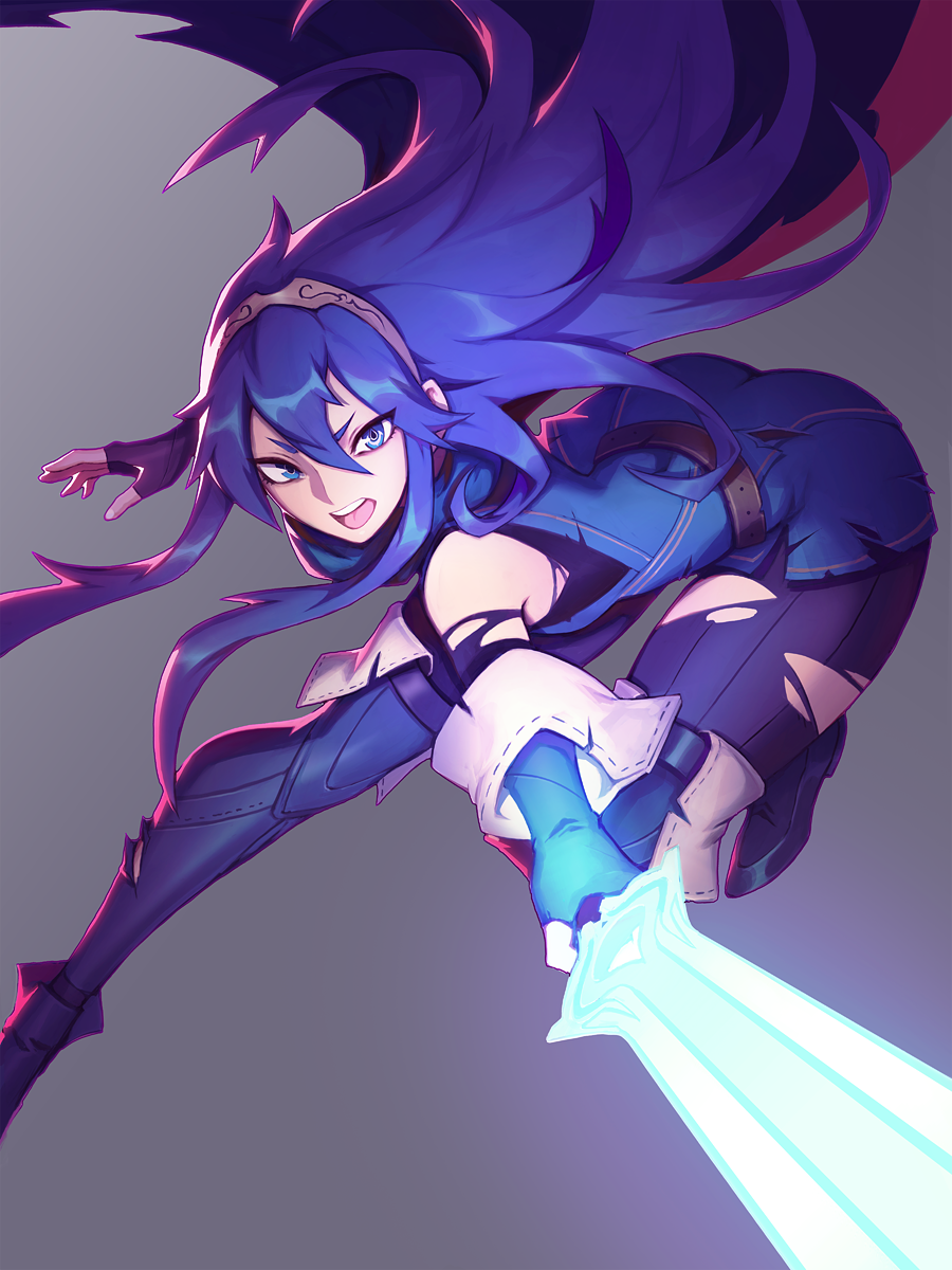 1girl bare_shoulders blue_dress blue_eyes blue_footwear blue_hair blue_shirt boots cape commentary dress english_commentary falchion_(fire_emblem) fingerless_gloves fire_emblem fire_emblem:_kakusei fire_emblem_heroes gloves glowing glowing_sword glowing_weapon grey_background hair_between_eyes highres holding holding_sword holding_weapon liyart long_hair looking_at_viewer lucina nintendo open_mouth shirt super_smash_bros. super_smash_bros._ultimate sword thigh-highs thigh_boots tiara torn_clothes torn_legwear torn_shirt weapon