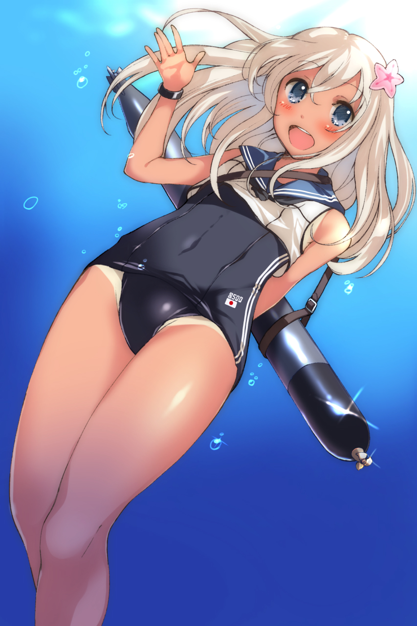 1girl :d bare_legs bare_shoulders blue_eyes blush covered_navel crop_top crop_top_overhang flower hair_flower hair_ornament hibiscus highres kantai_collection long_hair neckerchief open_mouth ro-500_(kantai_collection) sahuyaiya sailor_collar school_swimsuit silver_hair smile solo swimsuit swimsuit_under_clothes tan tanline torpedo