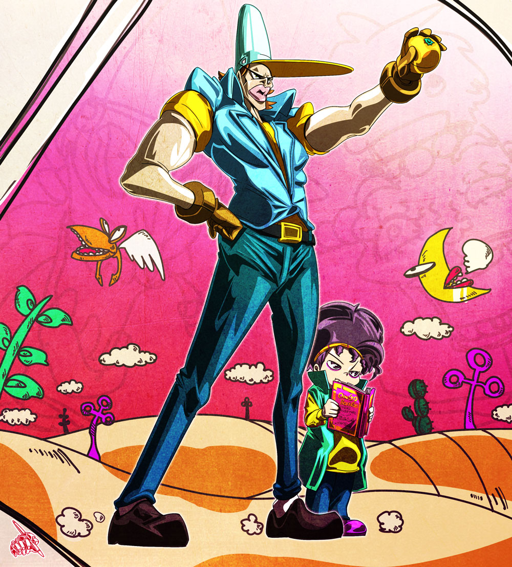 2boys boingo book brothers food fruit gloves hat height_difference jojo_no_kimyou_na_bouken multiple_boys oingo orange siblings stand_(jojo) thoth_(stand) uc-lab