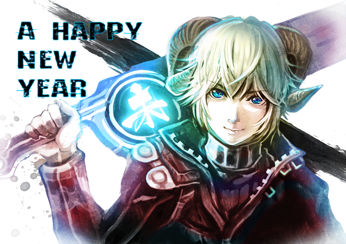 1boy 9tt6 blonde_hair blue_eyes happy_new_year horns monado new_year over_shoulder sheep_horns shulk solo sword sword_over_shoulder translated weapon weapon_over_shoulder xenoblade