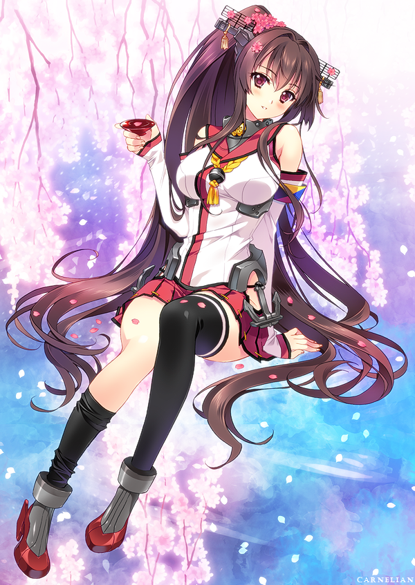1girl artist_name brown_hair bush carnelian cherry_blossoms detached_sleeves flower kantai_collection long_hair looking_at_viewer petals pleated_skirt ponytail sakazuki skirt solo thigh-highs thighhighs_pull very_long_hair yamato_(kantai_collection)