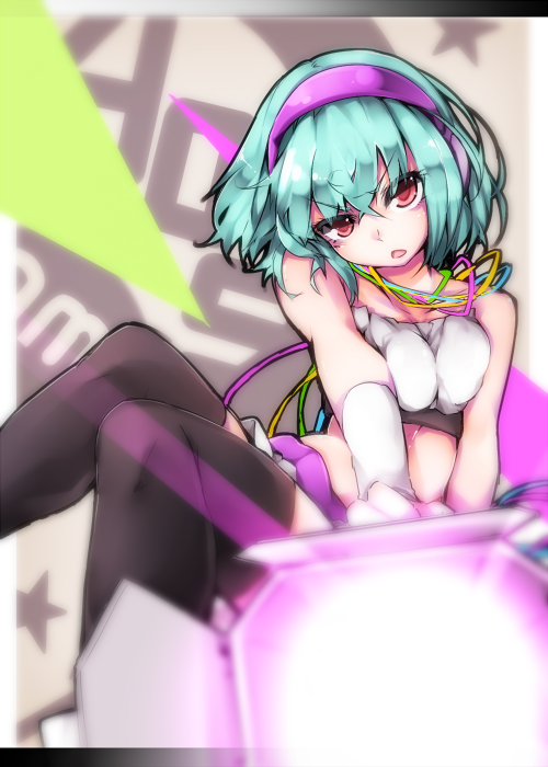 1girl 405nm aqua_hair bangs bare_shoulders beatmania beatmania_iidx black_legwear breasts cable character_name headphones kazetto midriff red_eyes short_hair sitting sitting_on_object skirt solo spotlight thigh-highs tubetop wristband