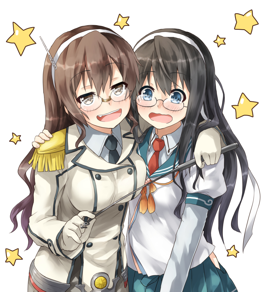 2girls arai_harumaki ashigara_(kantai_collection) bespectacled black_hair blue_eyes blue_skirt brown_eyes brown_hair bust collared_shirt double-breasted epaulettes fang glasses gloves hairband hakama_skirt hand_on_another's_shoulder jacket kantai_collection katori_(kantai_collection) katori_(kantai_collection)_(cosplay) long_hair long_sleeves looking_at_viewer military military_uniform multiple_girls neckerchief necktie ooyodo_(kantai_collection) open_mouth pleated_skirt pointer riding_crop rimless_glasses sailor_collar school_uniform serafuku side_slit skirt star uniform wavy_mouth white_gloves