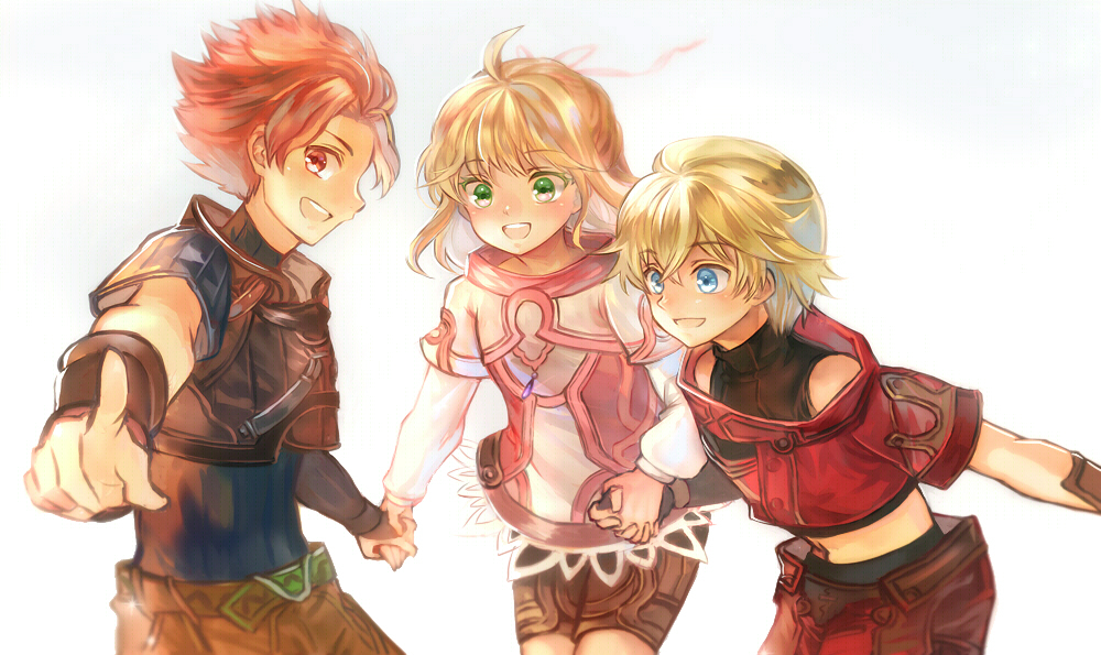 1girl 2boys blonde_hair child fiorun midriff multiple_boys nadir redhead rein_(xenoblade) shulk xenoblade younger