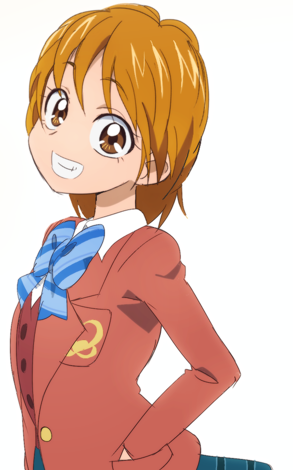 1girl bowtie brown_eyes brown_hair clenched_teeth futari_wa_precure hand_in_pocket looking_at_viewer manji_(tenketsu) misumi_nagisa precure school_uniform short_hair simple_background solo white_background