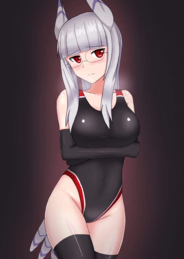 1girl animal_ears breasts competition_swimsuit glasses hachimitsu-b head_wings heidimarie_w_schnaufer large_breasts long_hair one-piece_swimsuit red_eyes strike_witches swimsuit tail thigh-highs white_hair
