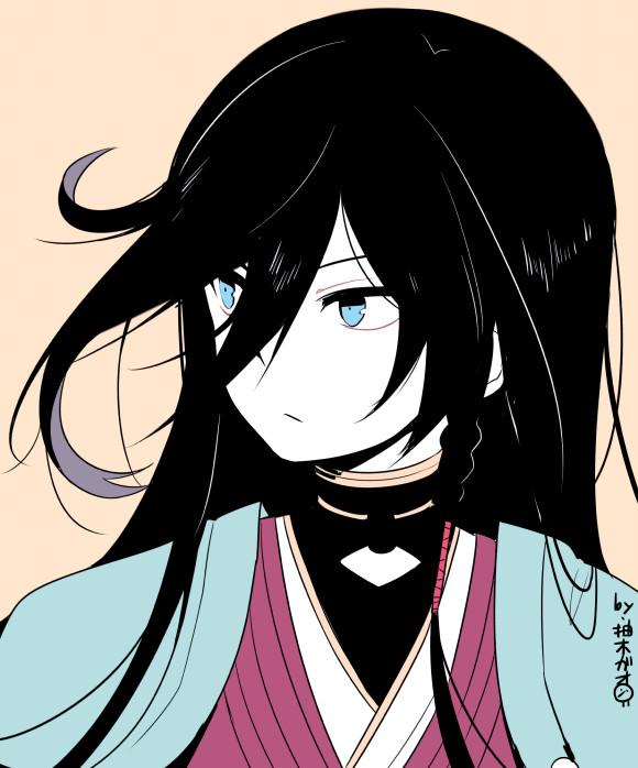 1boy artist_name black_hair blue_eyes bust izumi-no-kami_kanesada japanese_clothes long_hair solo touken_ranbu yuzuki_gao