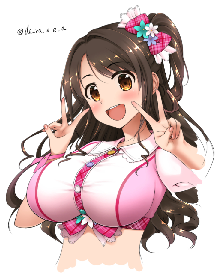 1girl :d blush bow breasts brown_eyes brown_hair bust de_ra_u_e_a double_v hair_bow idolmaster idolmaster_cinderella_girls large_breasts looking_at_viewer open_mouth shimamura_uzuki side_ponytail simple_background smile solo v white_background