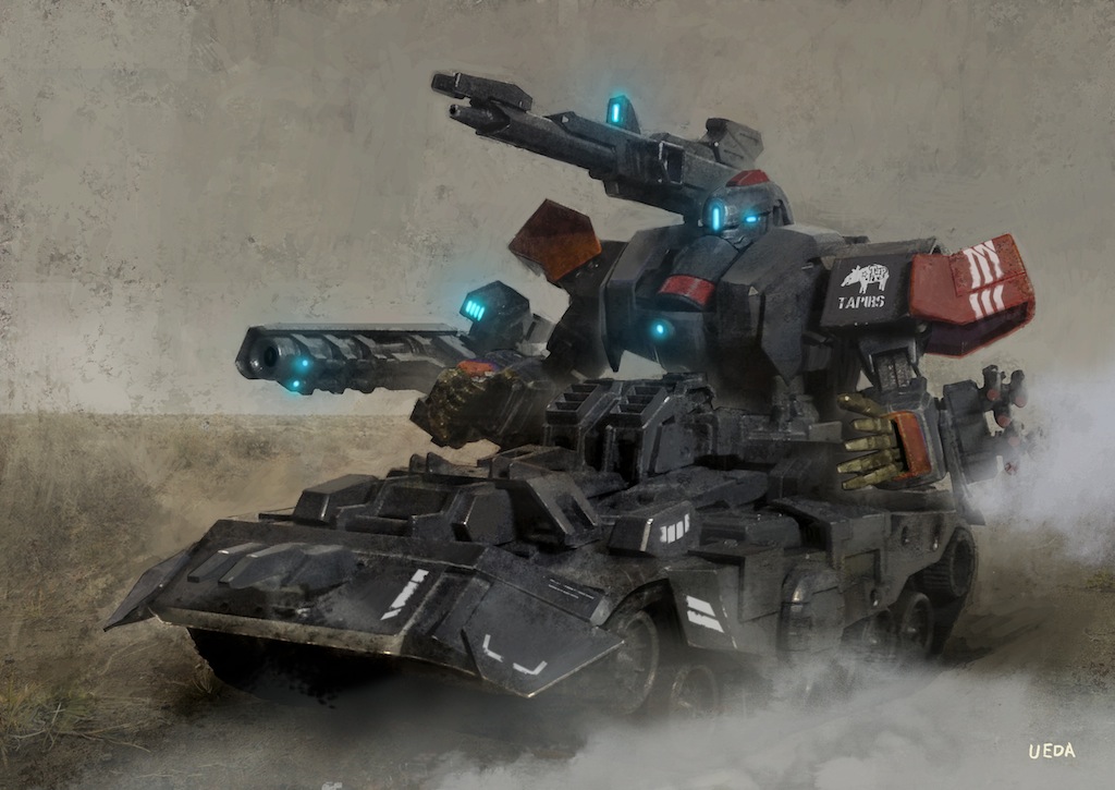 cannon caterpillar_tracks desert dust emblem energy_cannon mecha military missile original realistic rocket_launcher science_fiction signature smoke tapir uedajyoko weapon