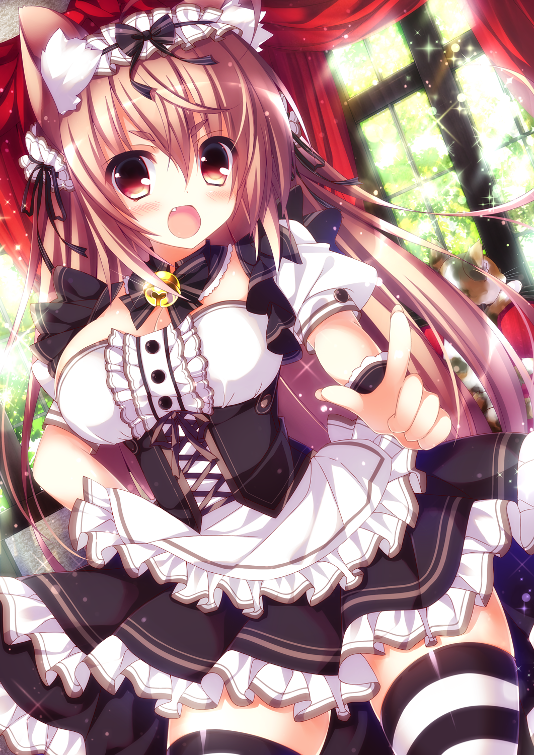 1girl animal_ears apron bell bell_collar breasts brown_hair cat_ears collar corset curtains fang highres large_breasts maid maid_apron ojitcha open_mouth original pantyhose puffy_short_sleeves puffy_sleeves red_eyes shirt short_sleeves skirt smile solo striped striped_legwear thigh-highs thighband_pantyhose waist_apron window zettai_ryouiki