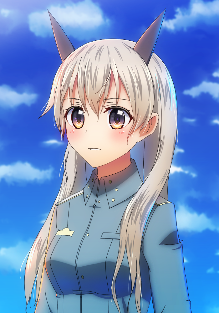 1girl animal_ears anime_coloring blonde_hair blue_eyes blue_sky blush bust clouds cloudy_sky dog_ears eila_ilmatar_juutilainen gradient_eyes long_hair mikomiko_(mikomikosu) military military_uniform multicolored_eyes open_mouth sky smile solo strike_witches uniform violet_eyes