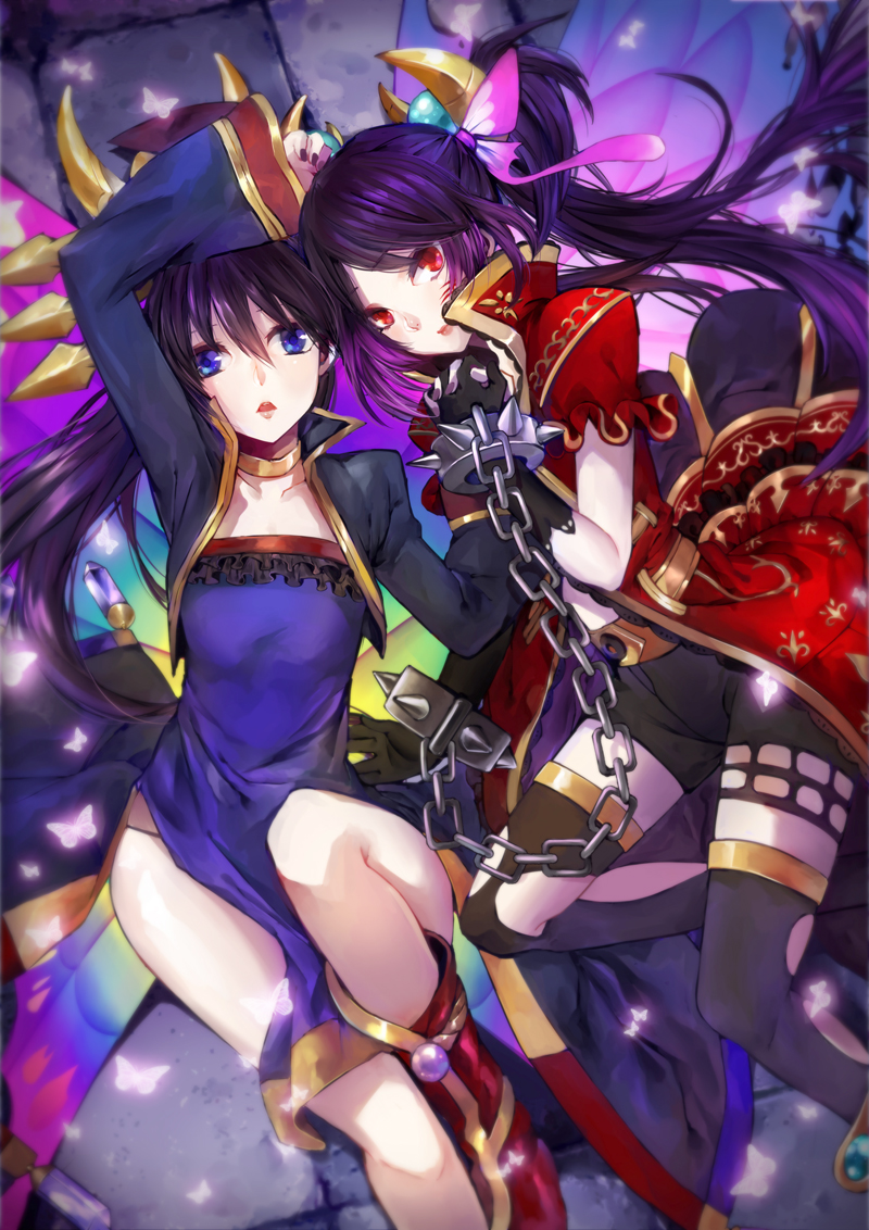 2girls alice_(brave_frontier) amksr417 black_gloves blue_eyes boots brave_frontier butterfly butterfly_hair_ornament chain crescent_hair_ornament cuffs elza_(brave_frontier) frilled_sleeves frills gloves hair_ornament interlocked_fingers long_hair long_sleeves multiple_girls open_mouth ponytail red_eyes short_sleeves shorts siblings sisters thigh-highs torn_clothes torn_thighhighs twintails