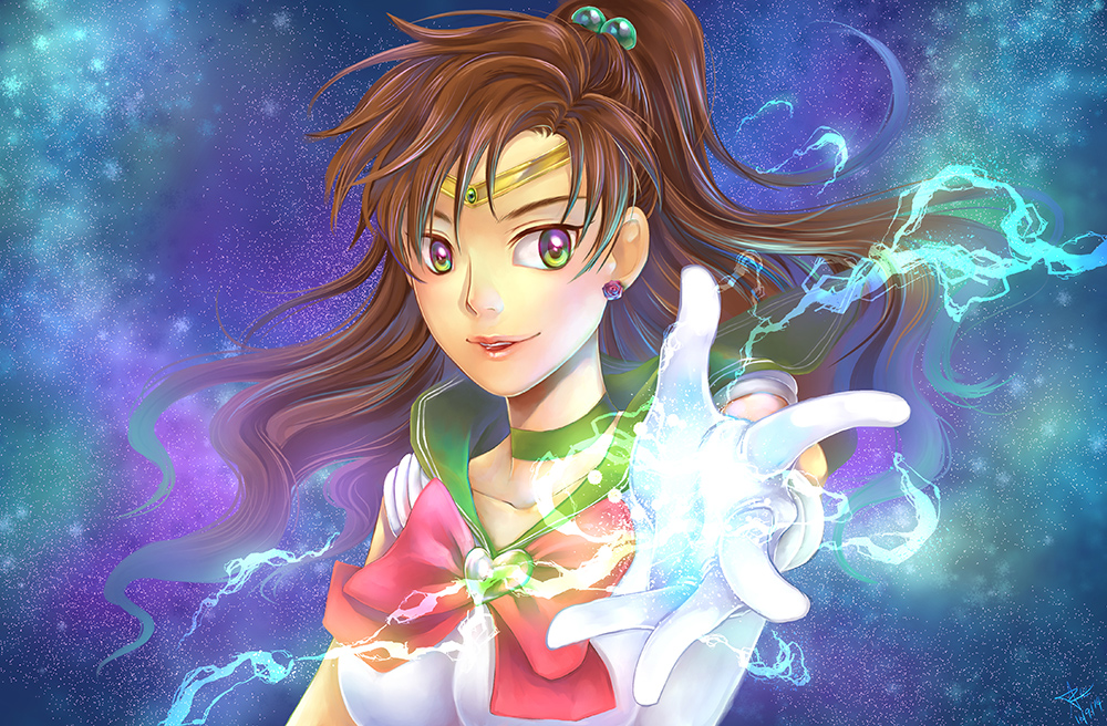 1girl bishoujo_senshi_sailor_moon bow brown_hair bust choker circlet dated ear_studs earrings electricity gloves green_eyes hair_bobbles hair_ornament heart high_ponytail itsariecha jewelry kino_makoto long_hair multicolored_eyes outstretched_hand parted_lips pink_bow sailor_collar sailor_jupiter signature solo super_sailor_jupiter very_long_hair white_gloves