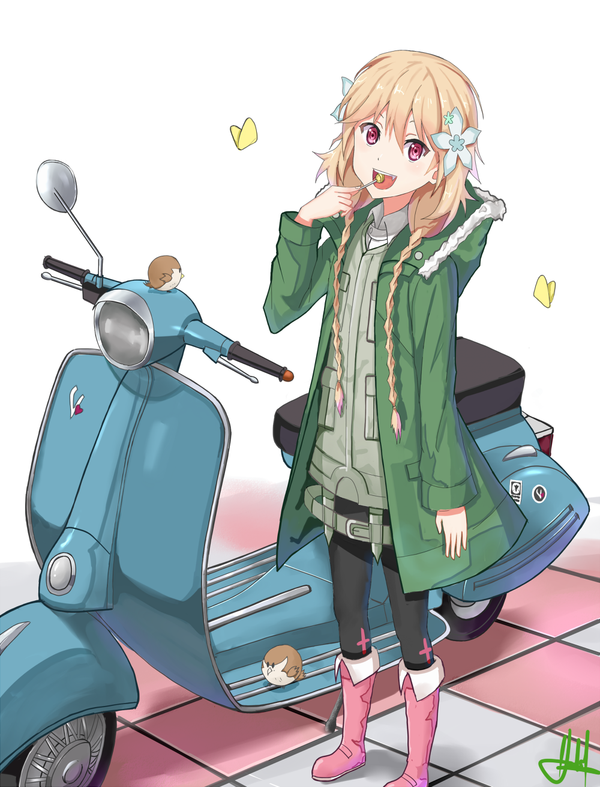 :d bird blonde_hair boots butterfly candy eating flower flower_on_head jacket kenkaizar lollipop misono_chiaya motor_vehicle open_mouth pantyhose pink_eyes scooter signature smile standing the_rolling_girls vehicle vespa