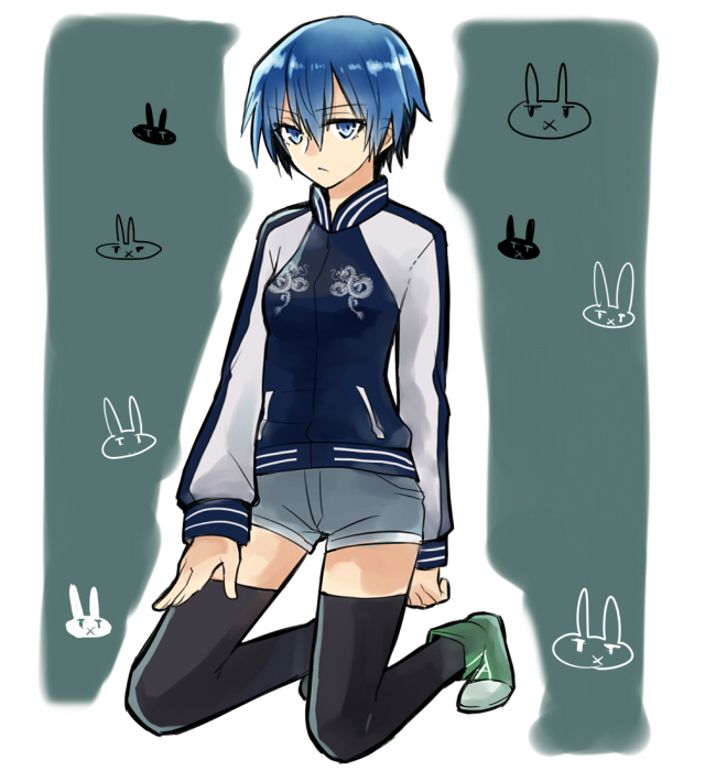 147 akuma_no_riddle azuma_tokaku blue_eyes blue_hair jacket kneeling short_hair short_shorts shorts solo thigh-highs