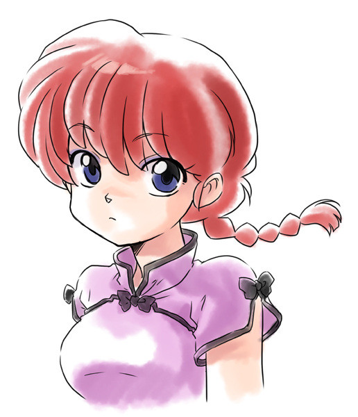 1girl bow braid bust chinese_clothes frown looking_at_viewer nekomaru overexposure pink_shirt ranma-chan ranma_1/2 redhead short_hair simple_background single_braid sketch solo violet_eyes white_background