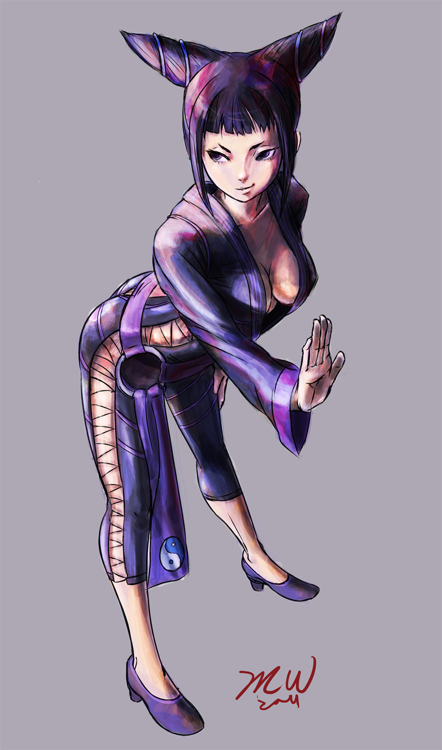 1girl alternate_costume artist_request bending_forward breasts cleavage drill_hair grey_background han_juri highres smile solo street_fighter street_fighter_iv super_street_fighter_iv