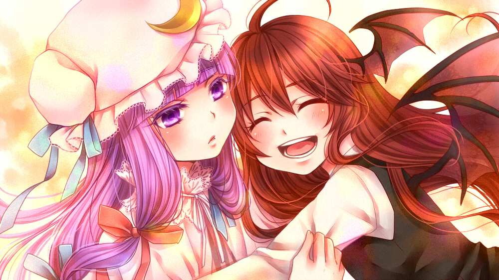 2girls ahoge blush bust closed_eyes colored_eyelashes crescent_hair_ornament demon_wings gradient gradient_background hair_ornament hair_ribbon head_to_head head_wings hug koakuma long_hair mob_cap multiple_girls open_mouth parted_lips patchouli_knowledge payot purple_hair redhead ribbon robe shiratama_(mofutto) touhou tress_ribbon violet_eyes wings