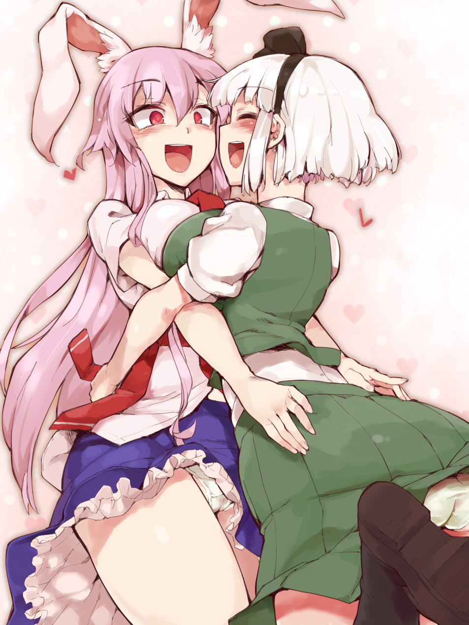 2girls animal_ears blue_skirt blush breasts closed_eyes hairband heart highres hug konpaku_youmu large_breasts lavender_hair long_hair multiple_girls open_mouth rabbit_ears red_eyes reisen_udongein_inaba sakasama_(pixiv) short_hair skirt touhou white_hair yuri