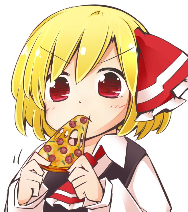 &gt;:t 1girl blonde_hair eating food hair_ribbon jagabutter pizza red_eyes ribbon rumia shirt short_hair slice_of_pizza touhou vest