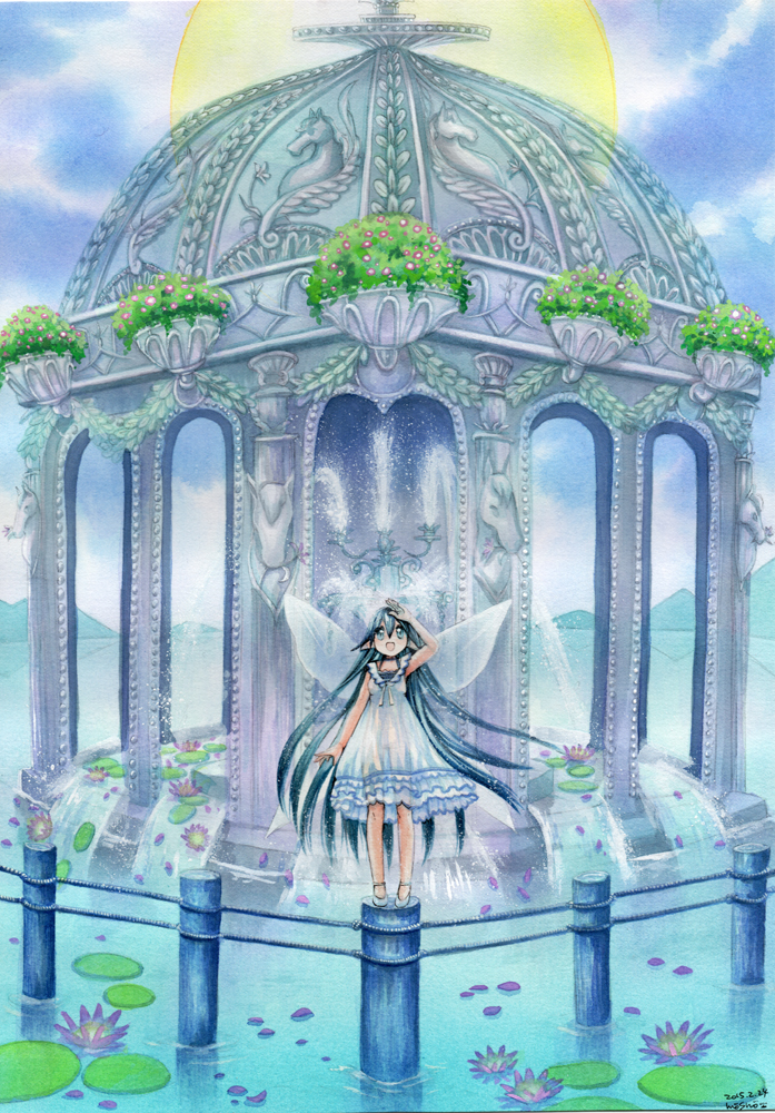 1girl :d artist_name clouds commentary dated dress fairy fairy_wings fountain green_eyes green_hair horizon lily_pad long_hair looking_up mosho mountain open_mouth original pointy_ears scenery signature sky sleeveless sleeveless_dress smile solo sun traditional_media water watercolor_(medium) white_dress wings