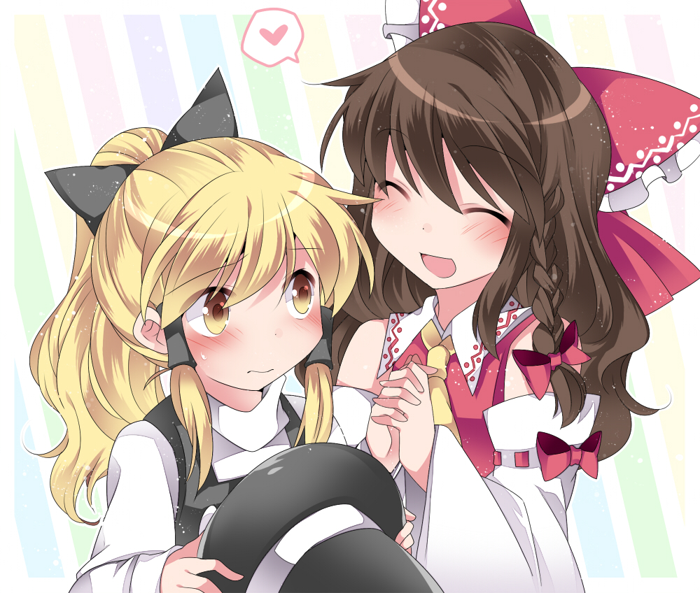 2girls 3: :d ^_^ alternate_hairstyle ascot blonde_hair blush bow braid brown_hair closed_eyes collared_shirt detached_sleeves hair_bow hair_ribbon hair_tubes hairstyle_switch hakurei_reimu hammer_(sunset_beach) hands_clasped happy hat hat_removed headwear_removed heart kirisame_marisa large_bow long_hair multiple_girls open_mouth ponytail ribbon shy single_braid smile spoken_heart touhou tress_ribbon turtleneck vest wavy_hair witch_hat yellow_eyes