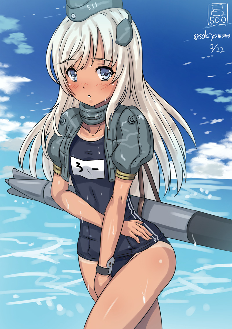 1girl bare_shoulders blue_eyes blue_sky blush bracelet covering covering_crotch cowboy_shot cropped_jacket garrison_cap hat headgear jewelry kantai_collection long_hair looking_at_viewer military_hat name_tag parted_lips puffy_short_sleeves puffy_sleeves ro-500_(kantai_collection) sakiyamama school_swimsuit short_sleeves sky solo swimsuit tan tanline torpedo twitter_username u-511_(kantai_collection) u-511_(kantai_collection)_(cosplay) wet white_hair