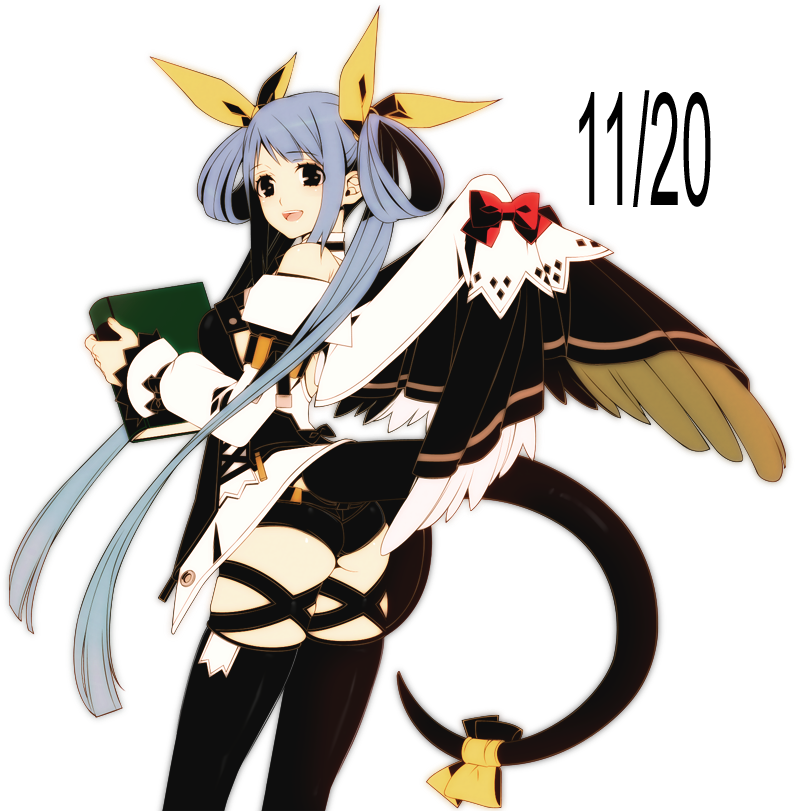 1girl 8055 :d ass asymmetrical_wings bare_shoulders black_eyes black_legwear blue_hair book bow dated dizzy feathered_wings guilty_gear hair_ribbon hair_rings holding holding_book long_hair long_sleeves open_mouth red_bow ribbon short_shorts shorts skindentation smile solo tail tail_ribbon thigh-highs twintails wings