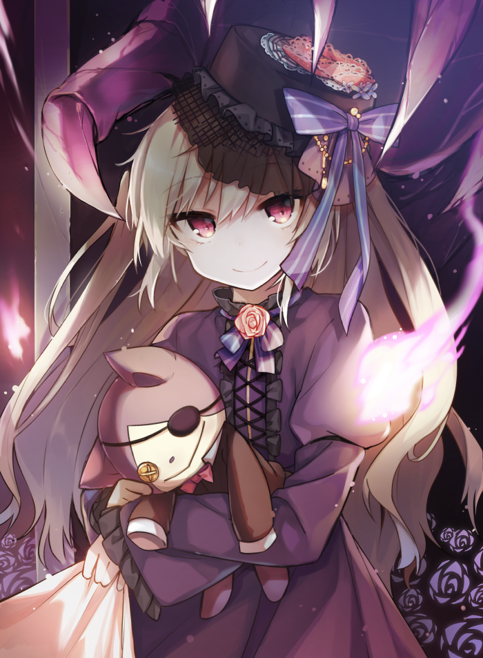 1girl blonde_hair bow claws dress eyepatch flower hat hat_bow juliet_sleeves long_hair long_sleeves looking_at_viewer magic merc_storia pink_eyes puffy_sleeves purple_dress purple_rose red_rose rose shinoba solo stuffed_animal stuffed_cat stuffed_toy very_long_hair