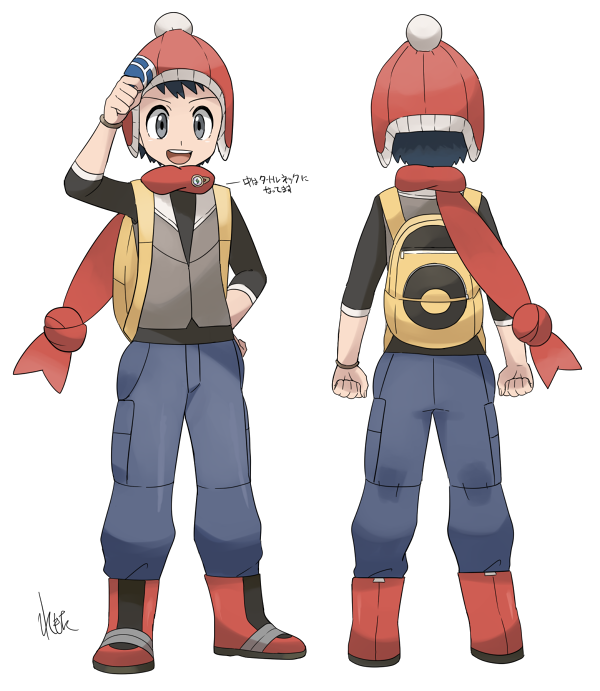 alternate_costume backpack bag black_hair bobblehat character_sheet grey_eyes kouki_(pokemon) pokemon pokemon_(game) pokemon_dppt raglan_sleeves red_hat red_scarf remotarou scarf signature white_background