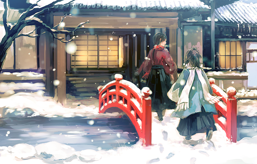 2boys architecture bare_tree bridge brown_hair east_asian_architecture from_behind hakama haori high_ponytail icicle japanese_clothes kashuu_kiyomitsu looking_back male_focus multiple_boys nuriko-kun open_mouth outdoors ponytail red_scarf sandals scarf shinsengumi snow snowing touken_ranbu tree white_scarf