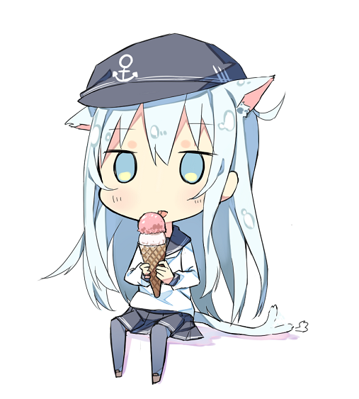 animal_ears black_legwear blue_eyes blue_hair cat_ears cat_tail double_scoop eating food hat hibiki_(kantai_collection) ice_cream ice_cream_cone kantai_collection licking long_hair long_sleeves pleated_skirt sailor_hat school_uniform serafuku shoes simple_background skirt tail tail_wagging thigh-highs tunamayochan white_background