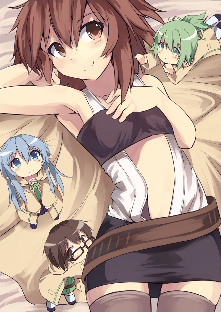 4girls blush brown_eyes brown_hair looking_at_viewer multiple_girls nomalandnomal smile solo_focus thigh-highs