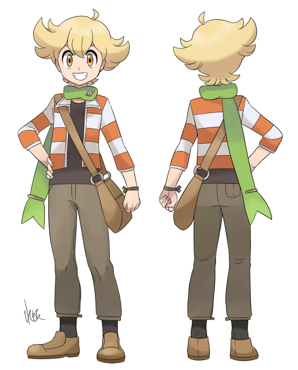 1boy bag blonde_hair character_sheet flipped_hair green_scarf grin jun_(pokemon) orange_eyes pokemon pokemon_(game) pokemon_dppt remotarou scarf shoulder_bag signature smile striped white_background