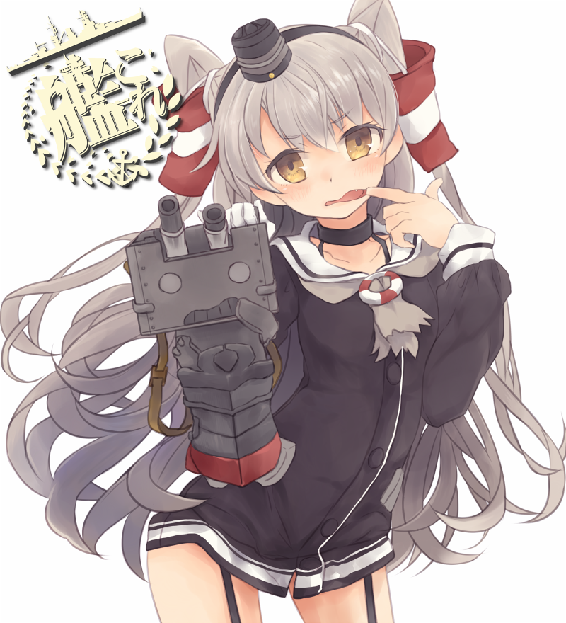 1girl amatsukaze_(kantai_collection) brown_eyes cannon collar collarbone dress garter_straps gloves hair_tubes kantai_collection long_hair oluha open_mouth rensouhou-kun sailor_dress short_dress silver_hair striped striped_legwear taunting thigh-highs turret twintails two_side_up windsock